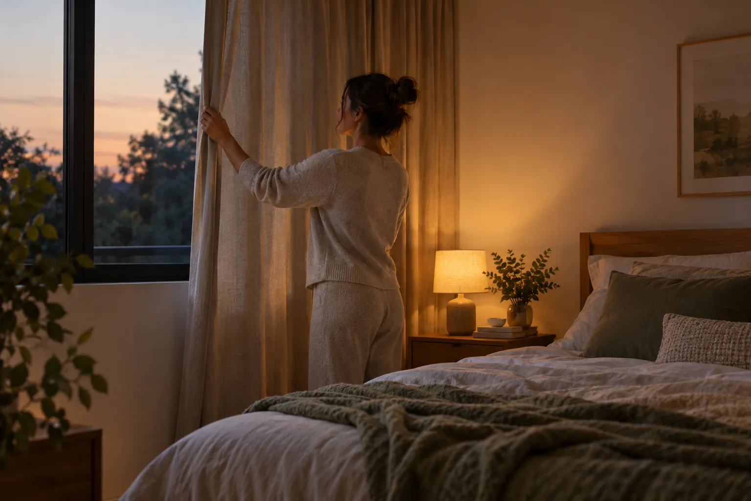 Soft evening light and covered windows creating a calmer bedroom atmosphere