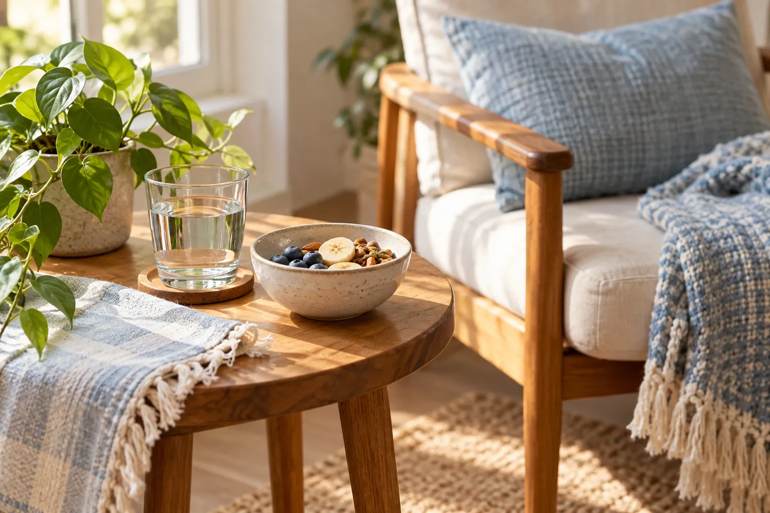 A simple low-energy essentials setup with water, a small meal and a quiet seat