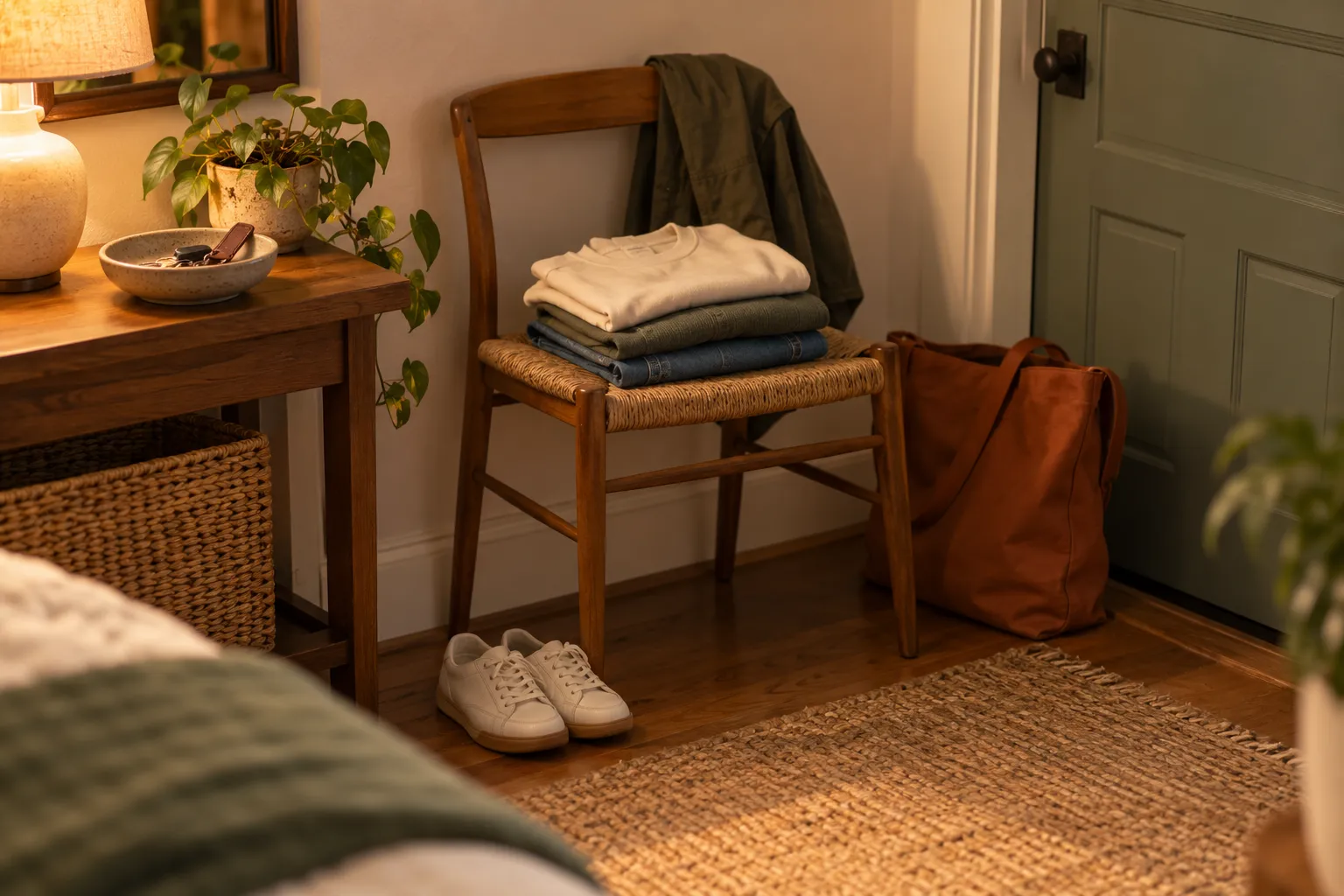 A simple evening preparation with clothes and everyday items ready for the morning
