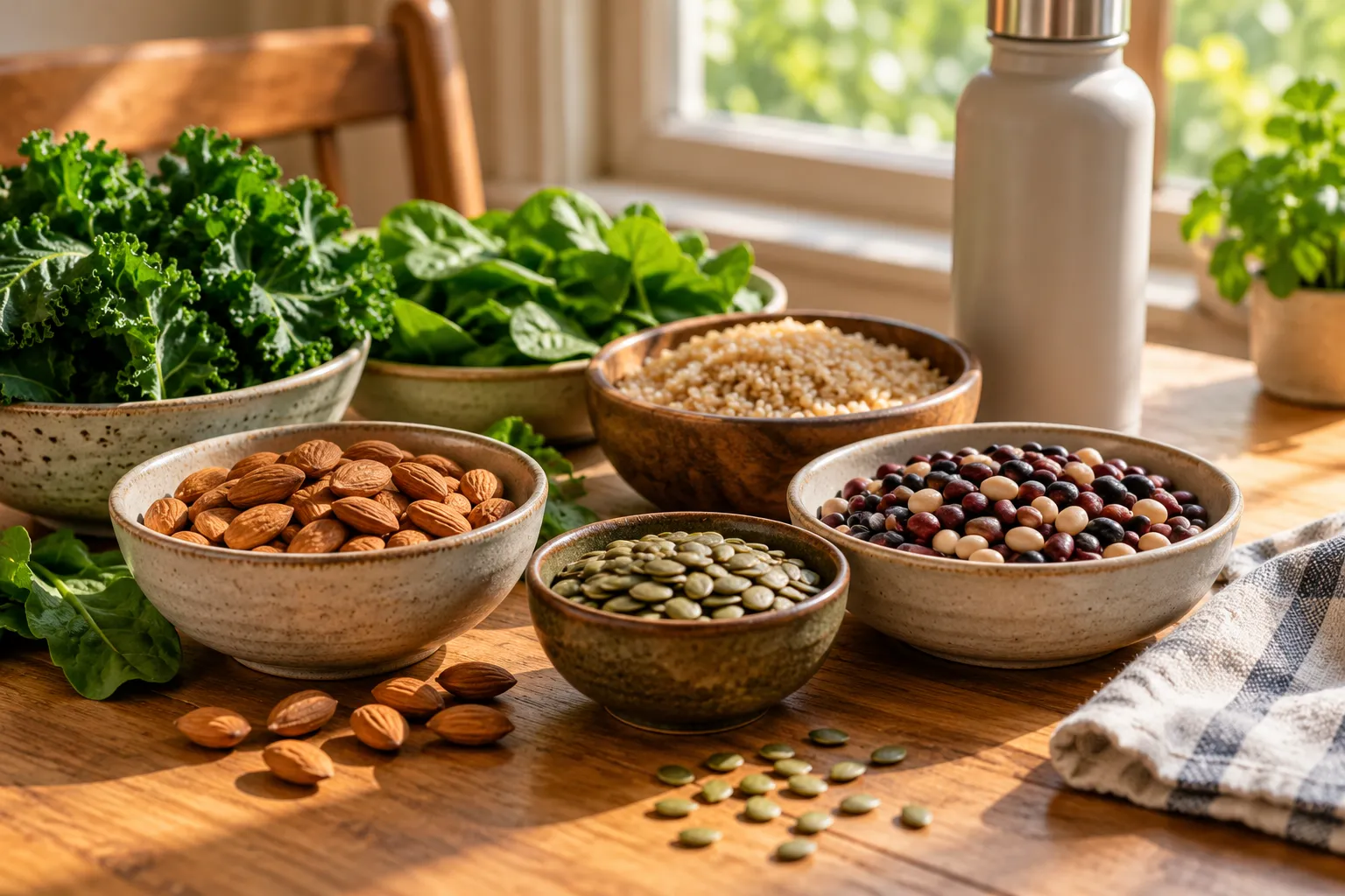 Magnesium-containing foods and an unbranded supplement container arranged on a warm kitchen table