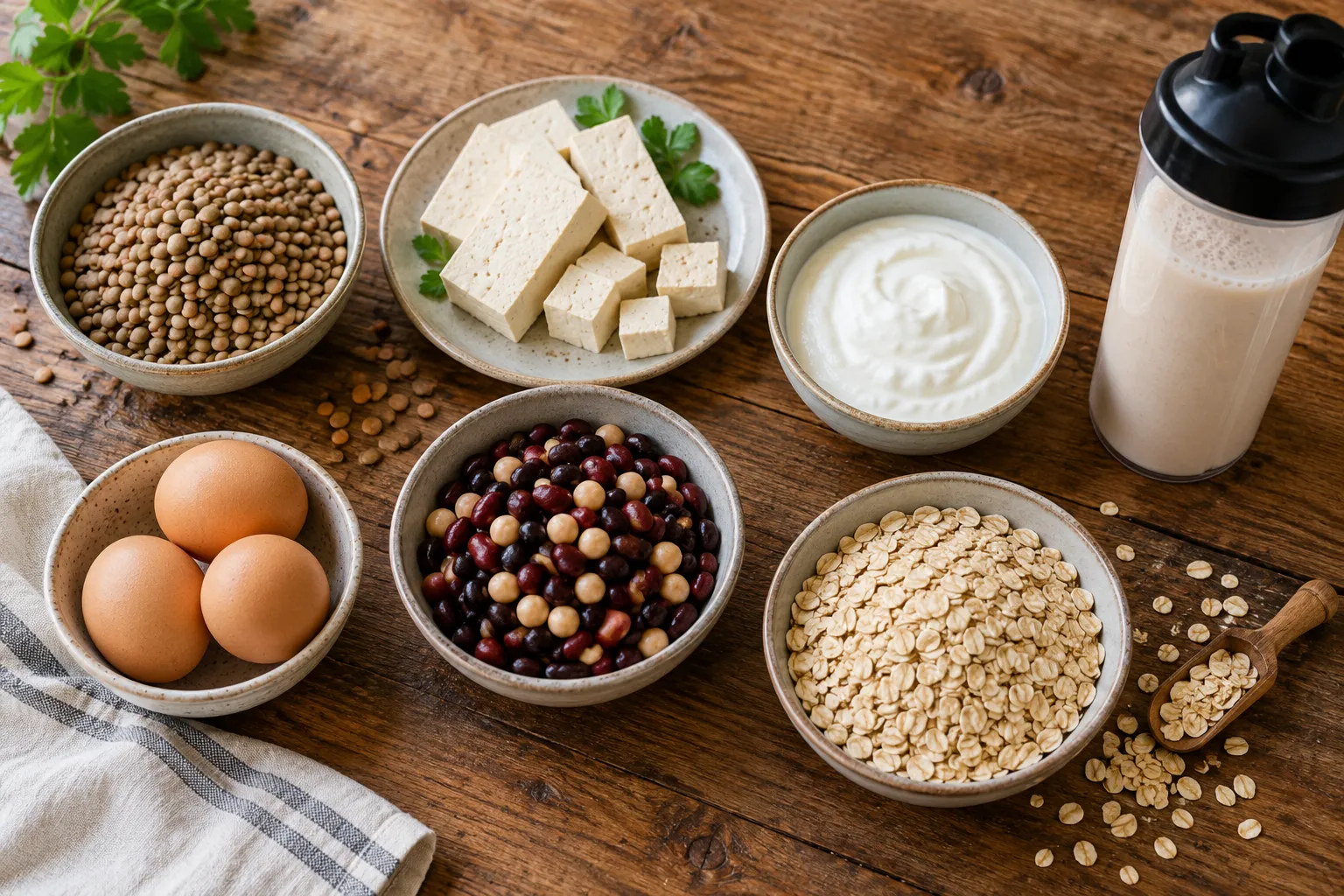 Whole-food protein options arranged beside a plain shaker