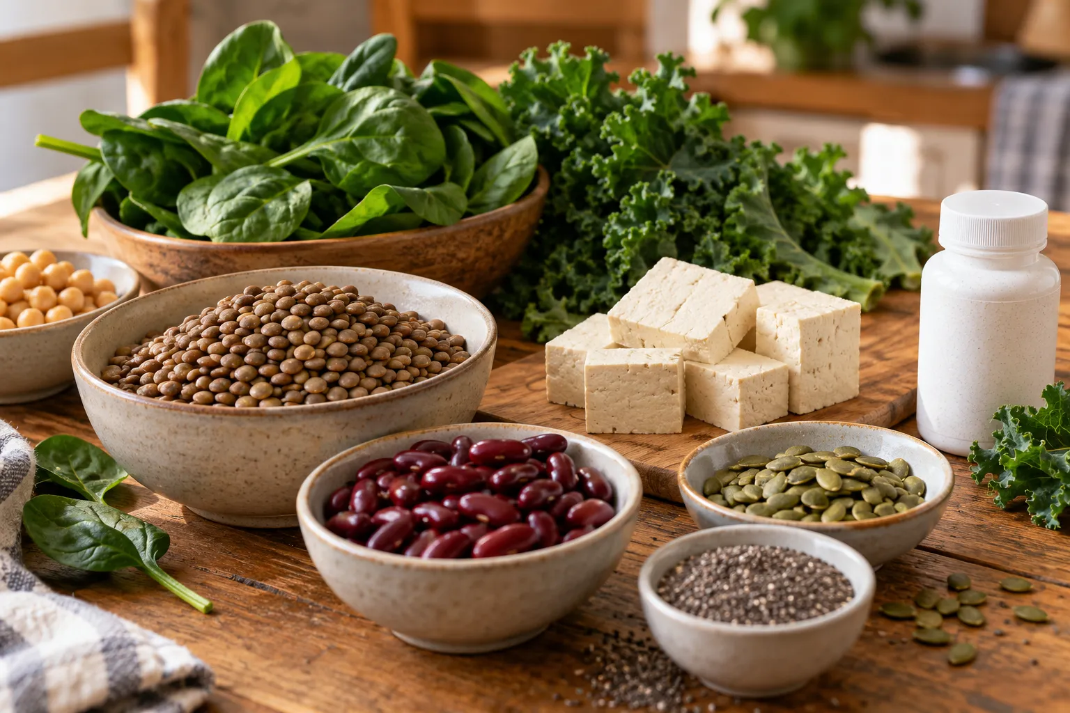 Iron-containing foods including lentils, beans, tofu, leafy greens, seeds and an unbranded supplement container