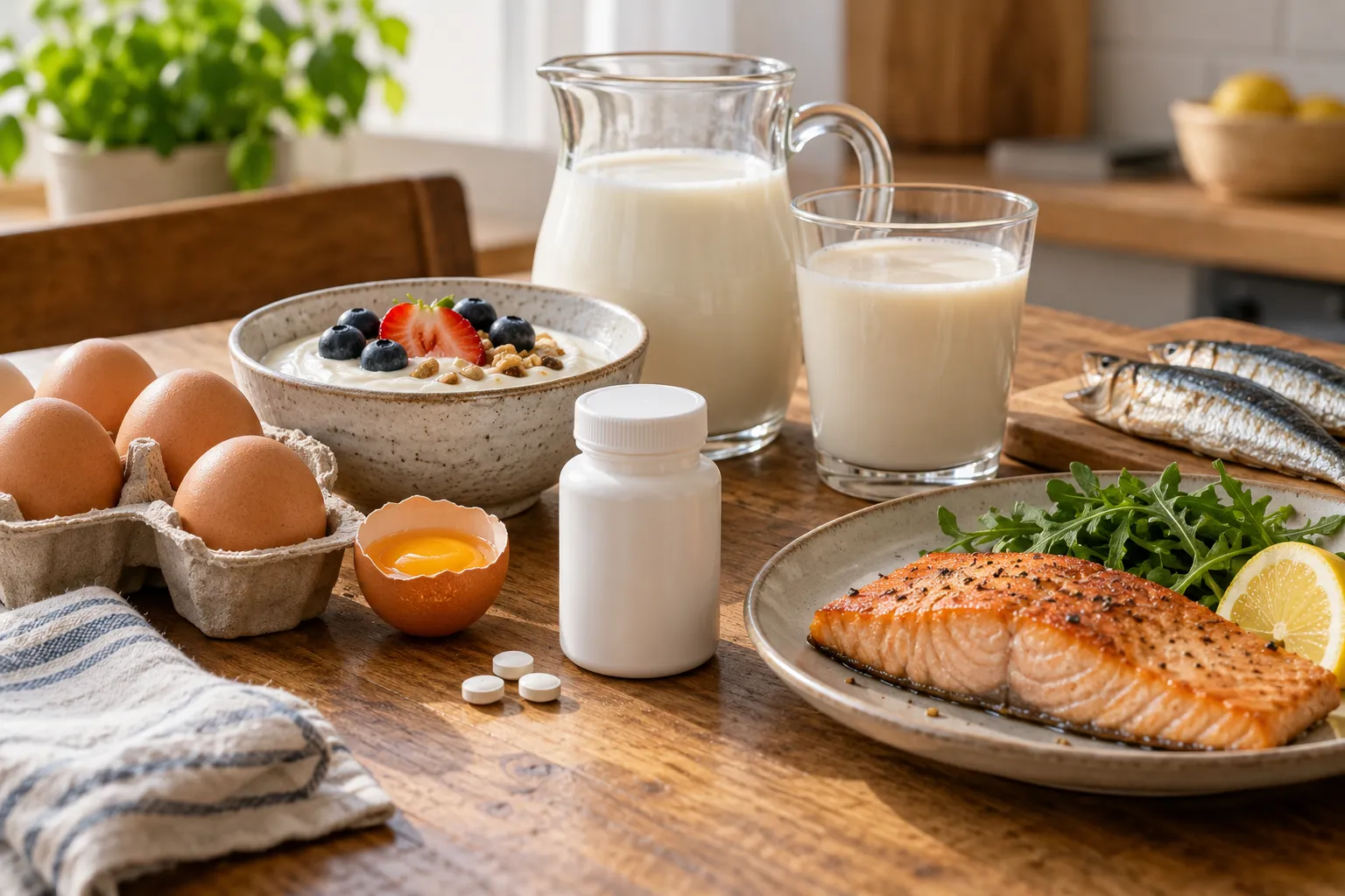 Everyday vitamin B12 food sources and an unbranded supplement container arranged on a warm kitchen table