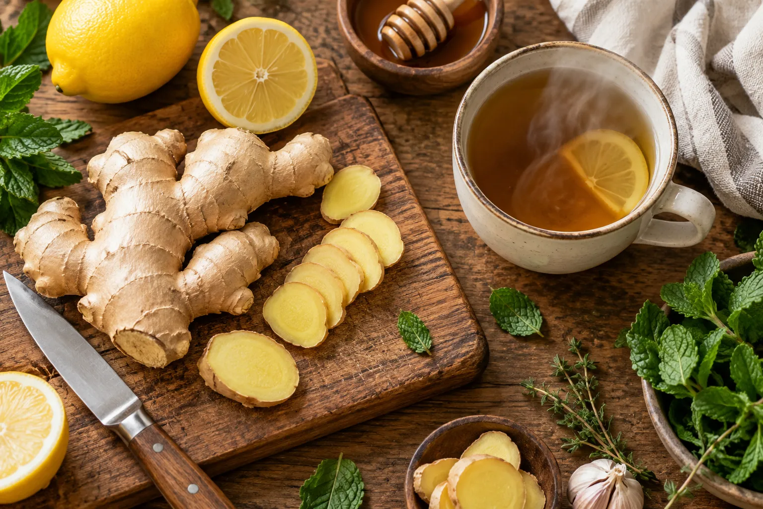 Fresh ginger, lemon and tea arranged on a kitchen board