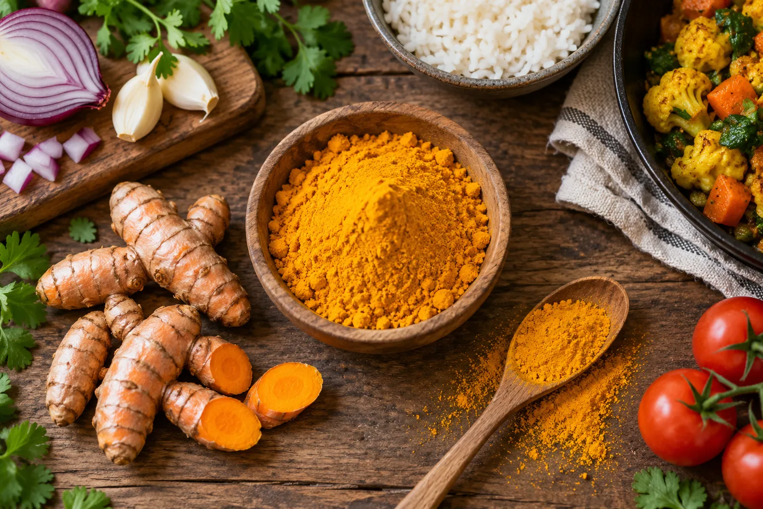 Turmeric root and spice used in an ordinary kitchen meal