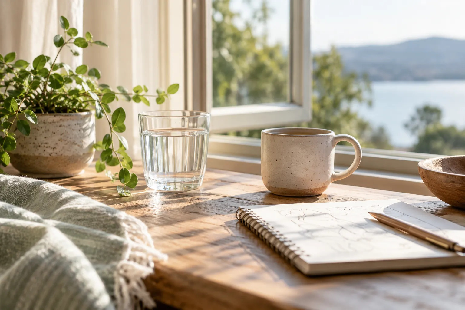 A simple morning anchor beside an open window with natural light and no readable text