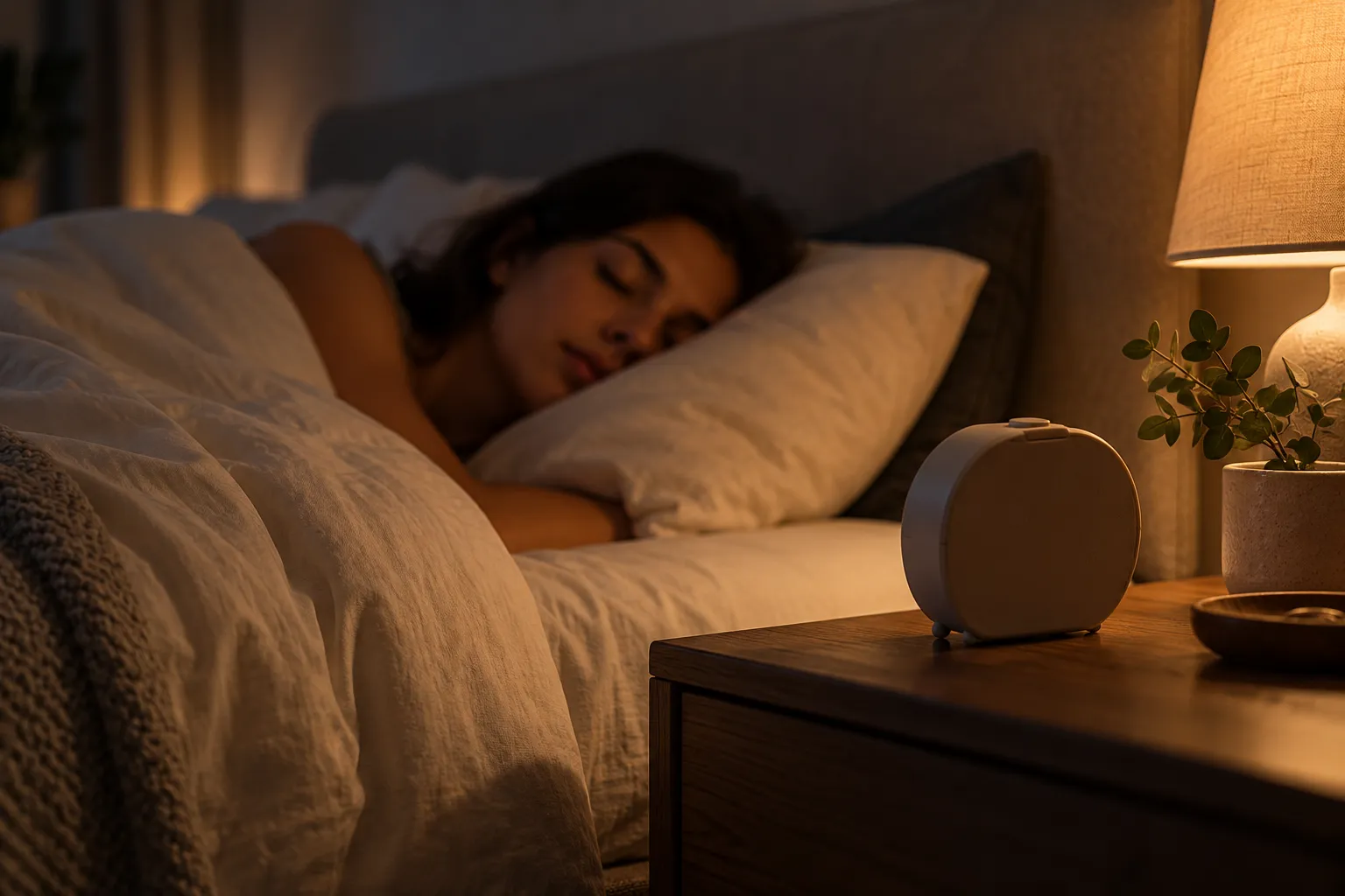 A bedside clock turned away while the bedroom stays quiet and low-lit