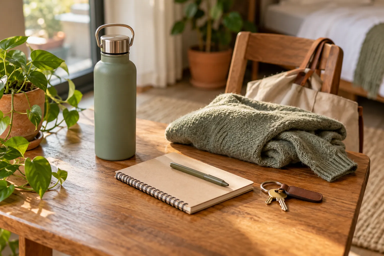 A small travel-ready routine with water, a notebook and everyday essentials