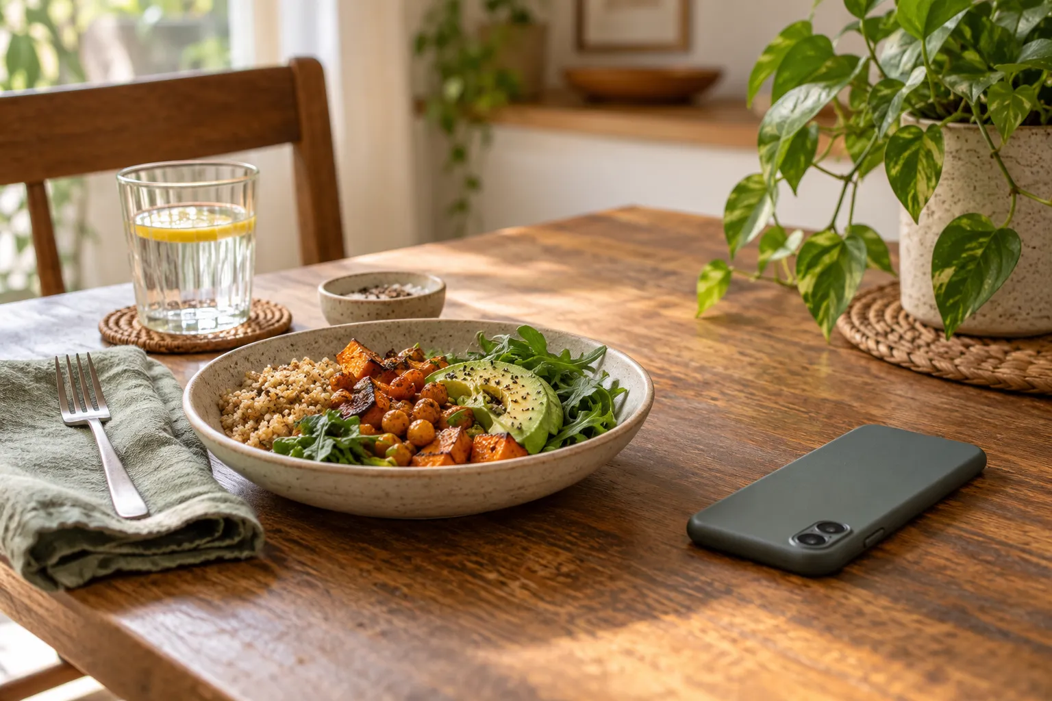 A phone resting face down beside a meal with no visible notifications
