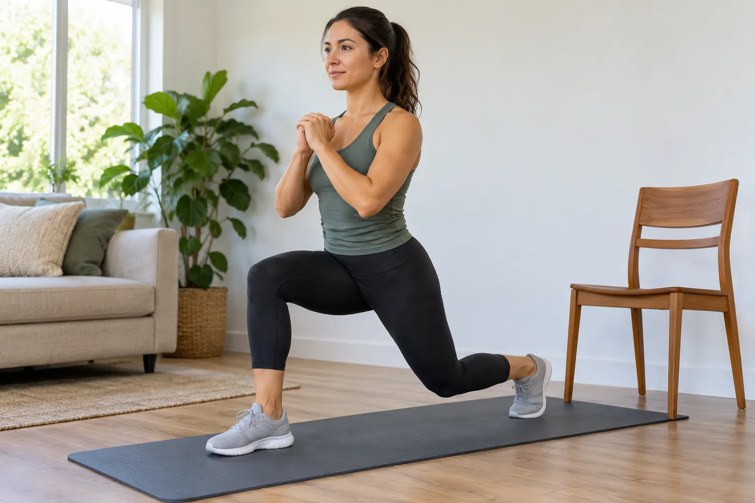 An adult setting up a split squat with a chair nearby for balance