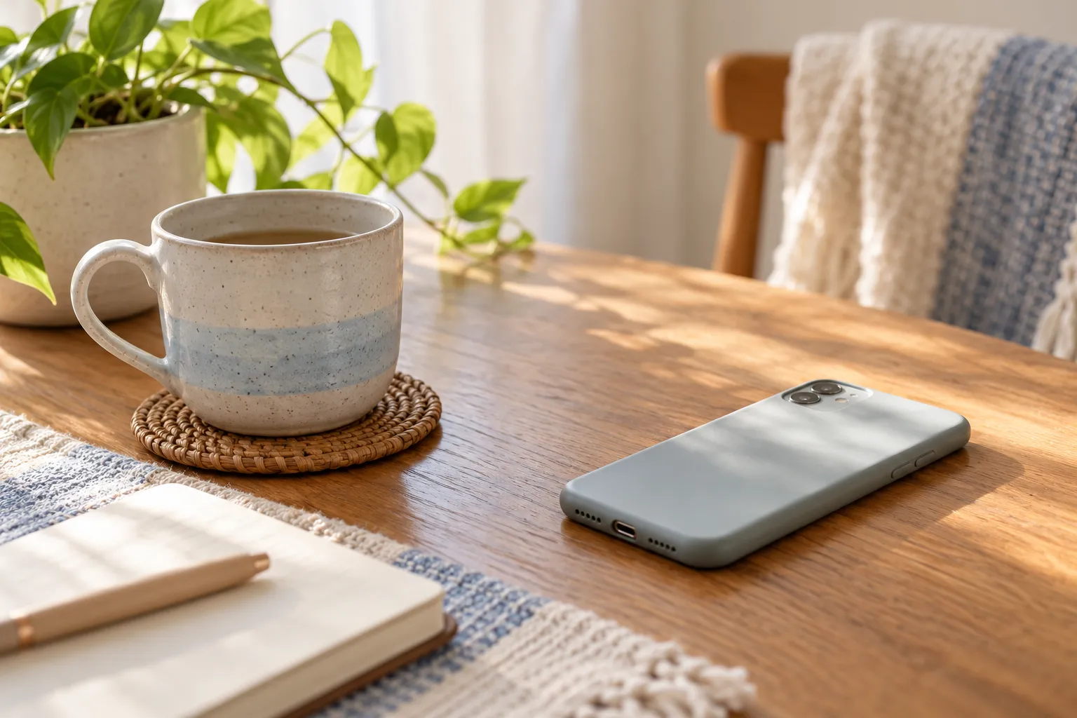A simple voice note or message represented by a phone placed beside a cup, with no readable screen