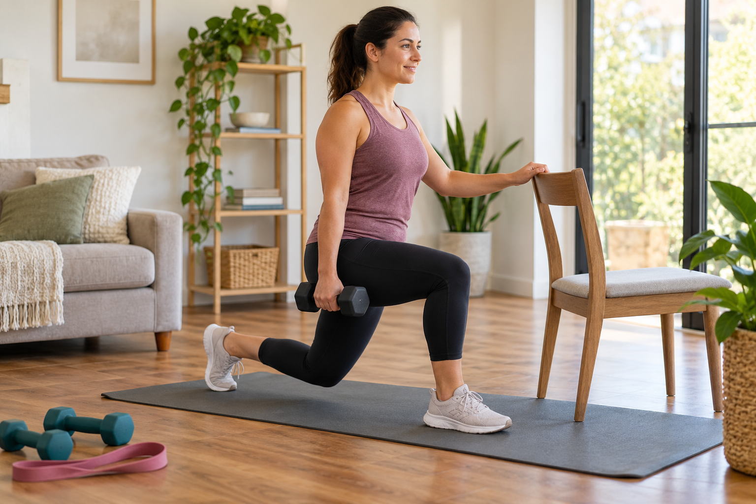 A beginner practising a controlled split squat with light equipment