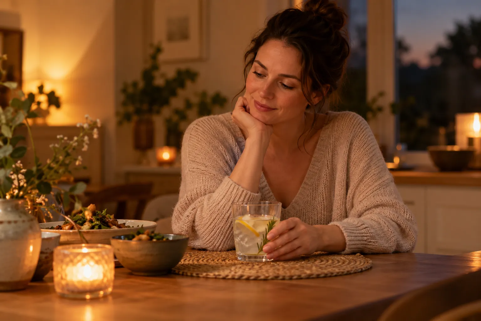 A quiet evening table with an alcohol-free drink and softer lighting