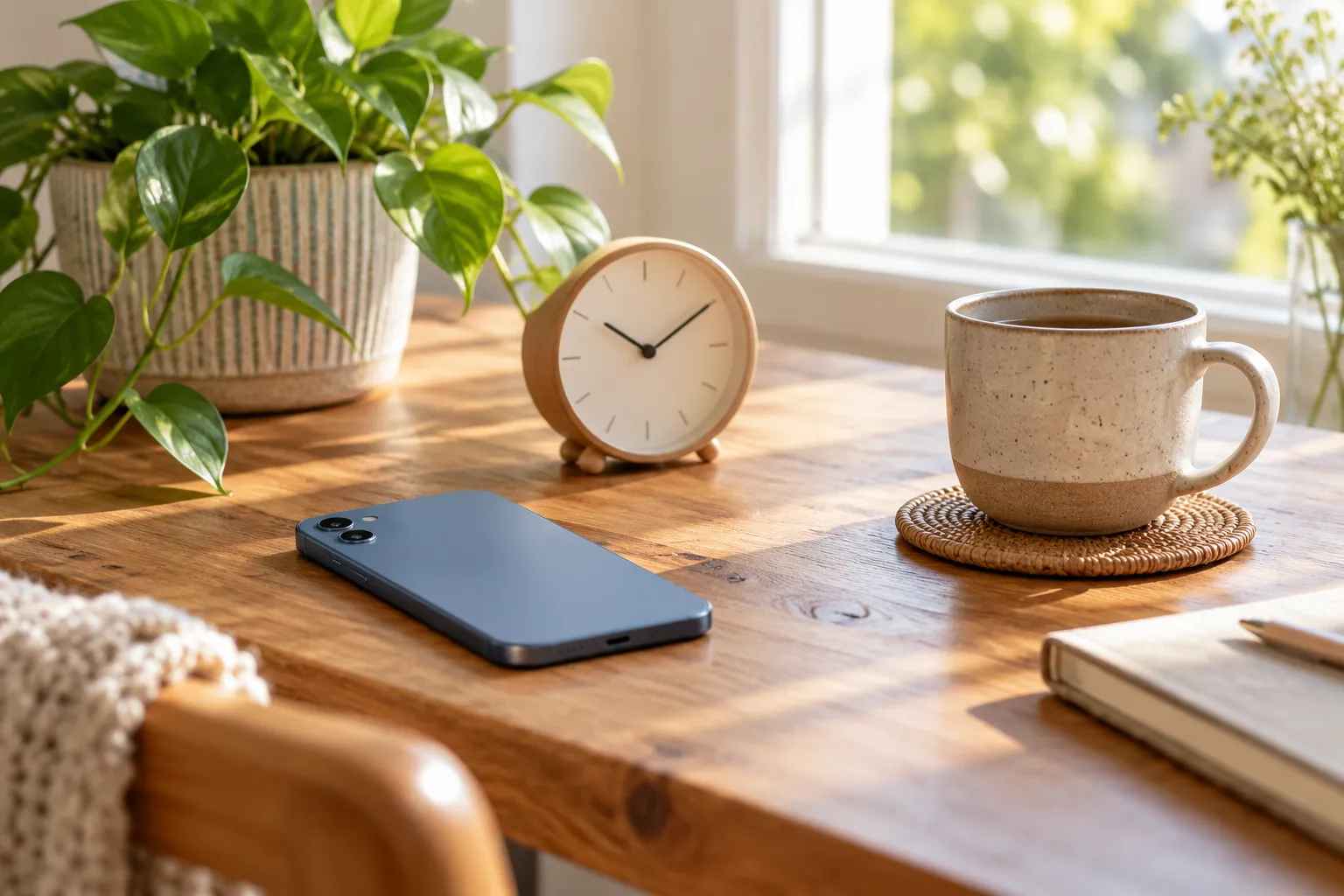 A simple phone check-in moment beside a paper clock and natural daylight