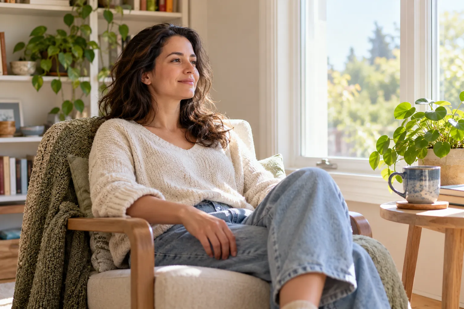 Adult taking a comfortable slow-breathing pause near a bright window