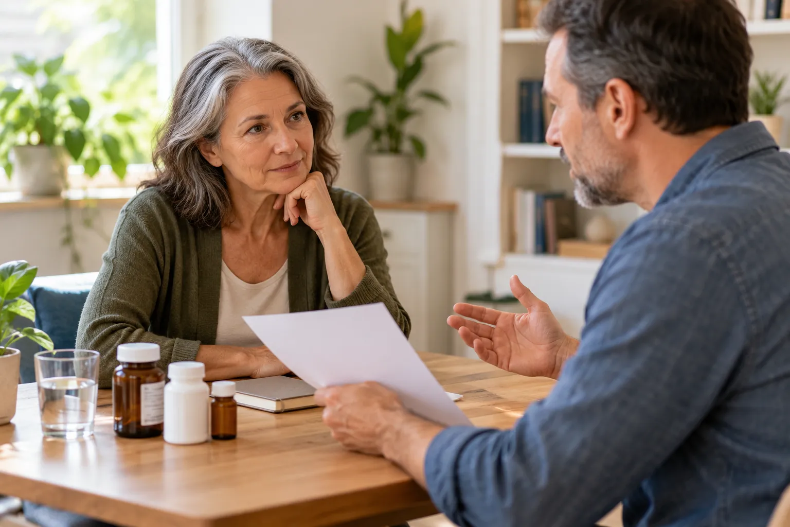 Two adults discussing possible nutrient deficiency and a medication list in a calm consultation setting