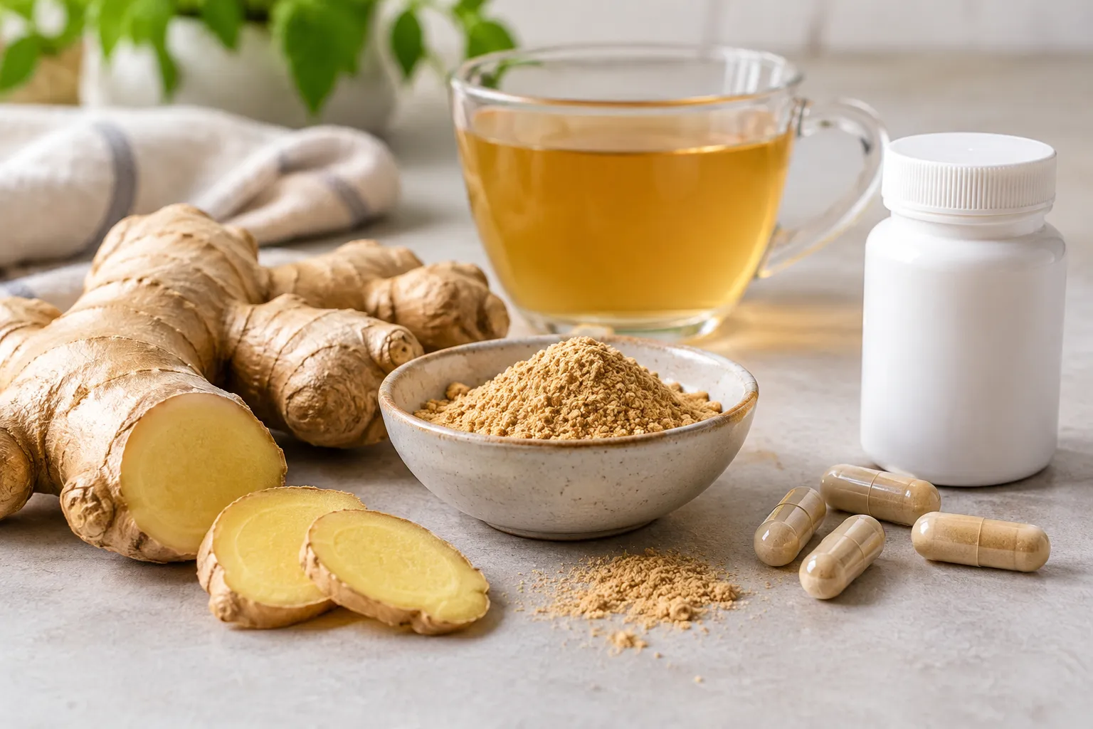 Fresh ginger, dried powder, tea and an unbranded capsule bottle compared on a desk