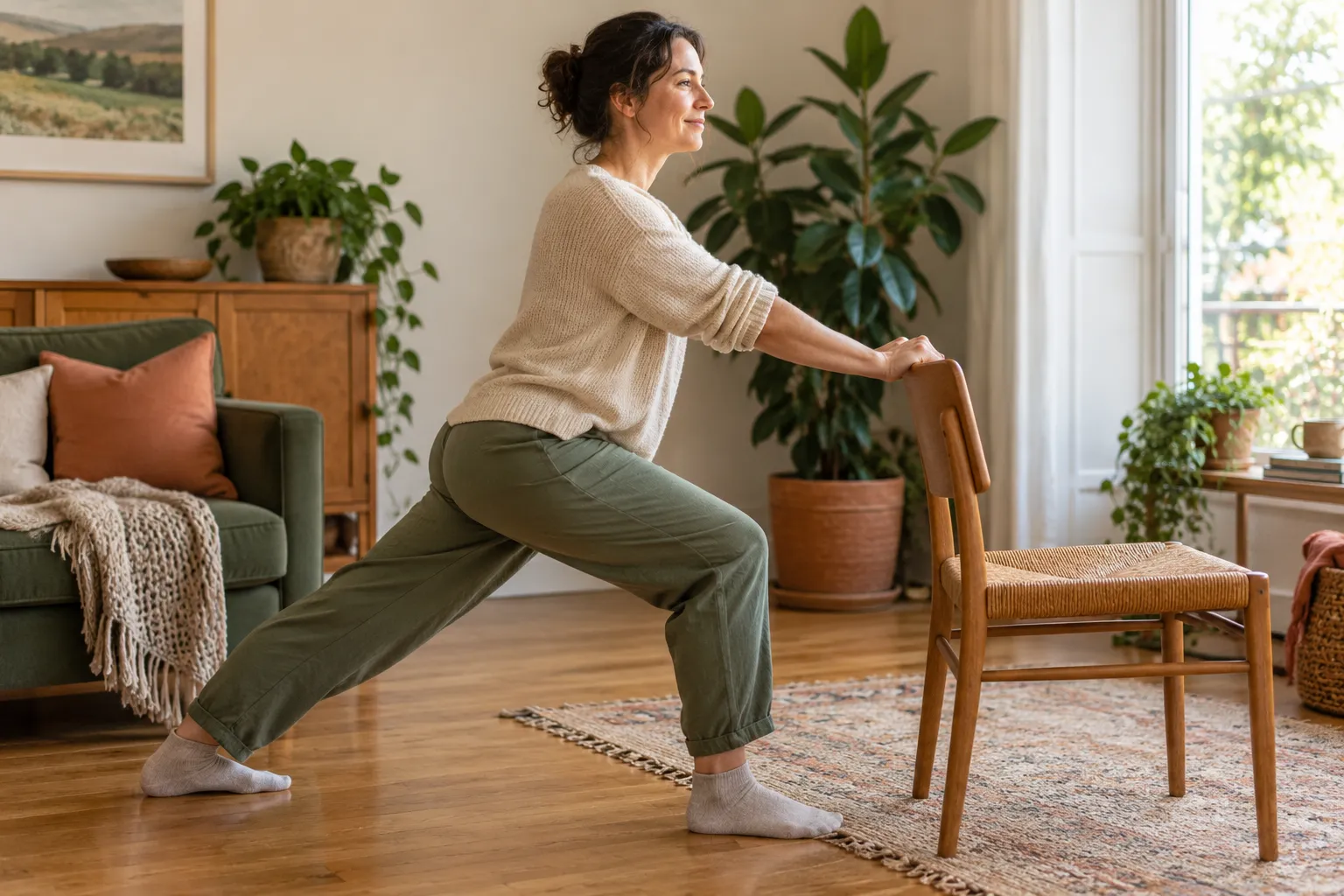 A gentle seated stretch beside a chair in a bright, ordinary room