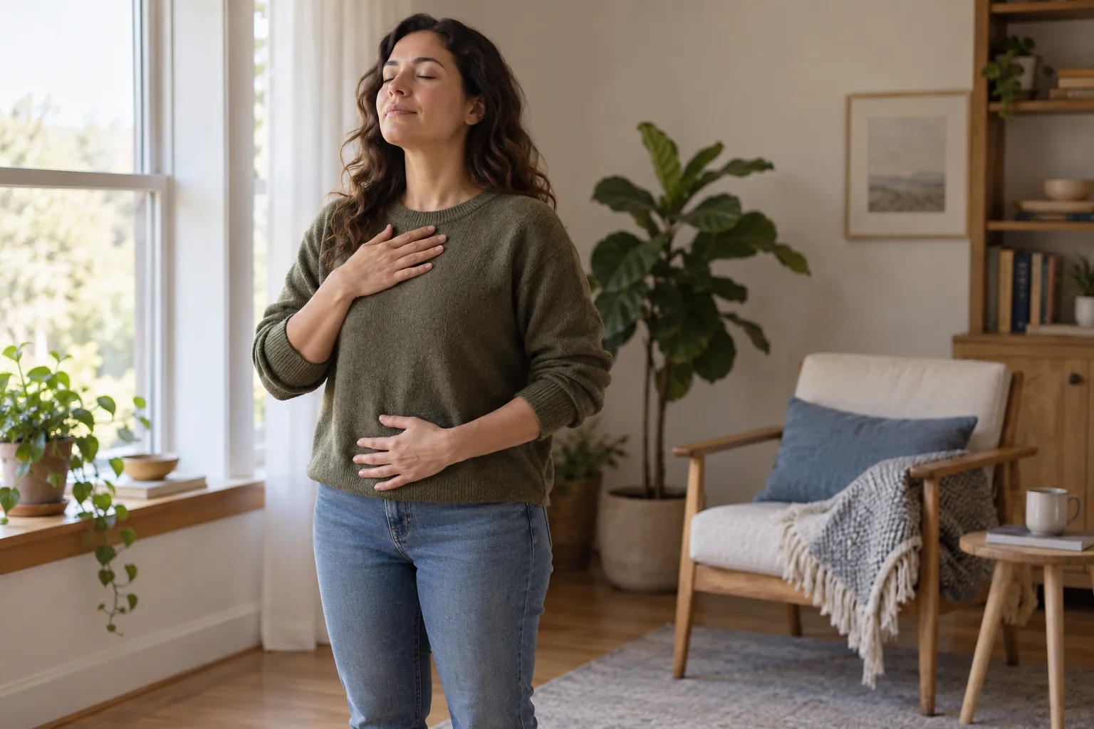 Adult taking a slow breathing and grounding pause in a quiet room