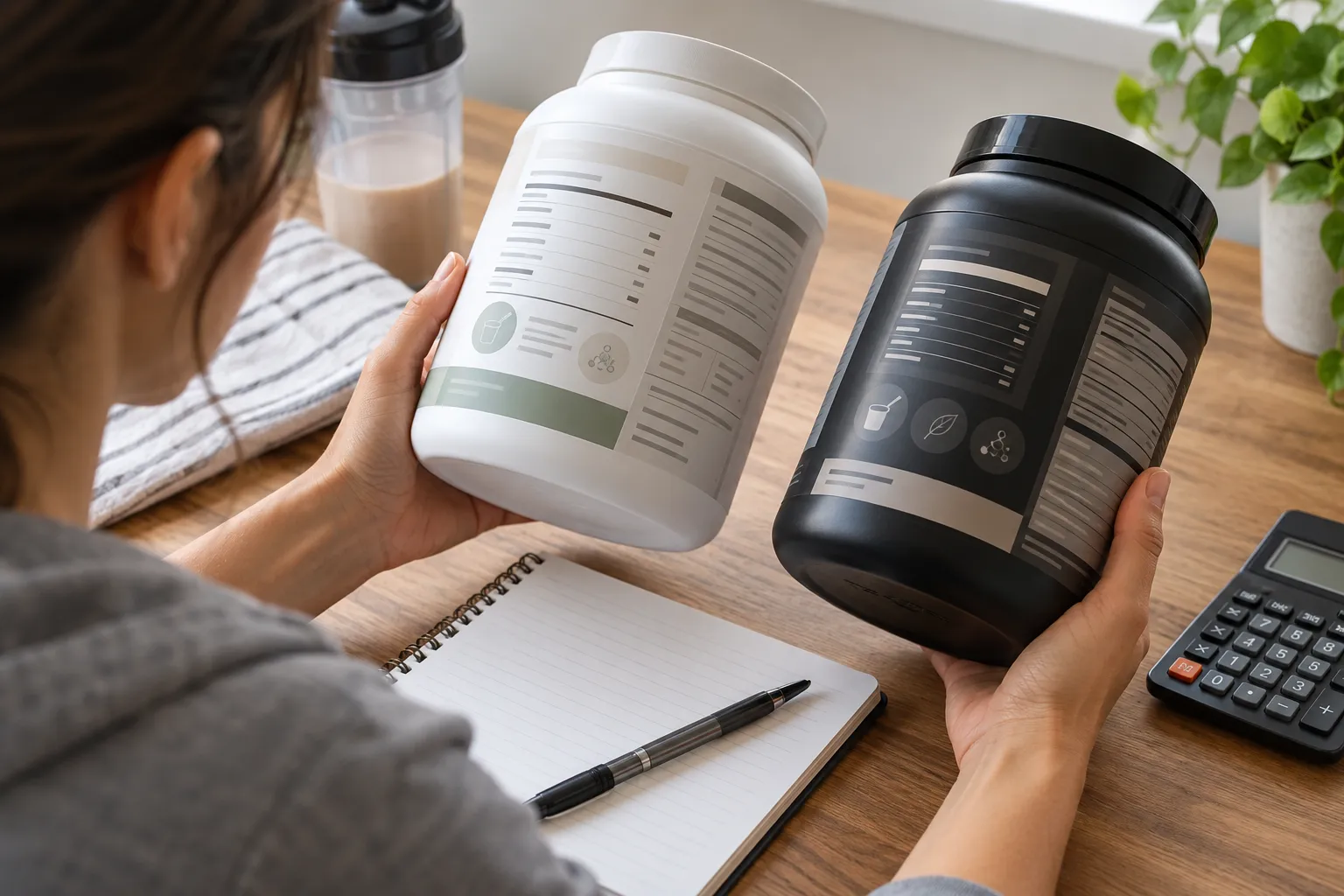 Hands comparing two unbranded protein labels beside a notebook