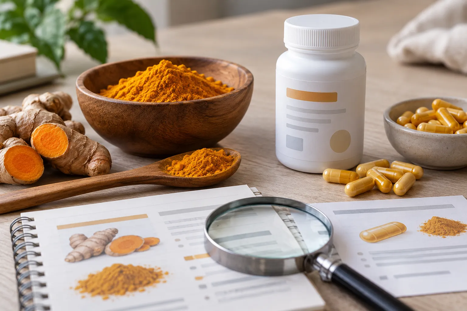Turmeric powder and an unbranded curcumin bottle compared with ingredient notes