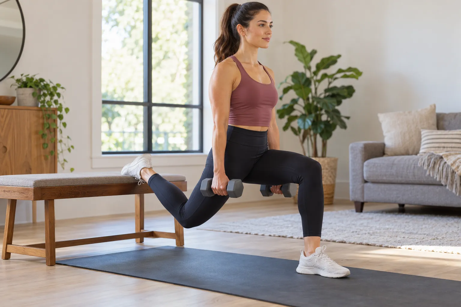 A beginner progressing a split squat while holding light dumbbells