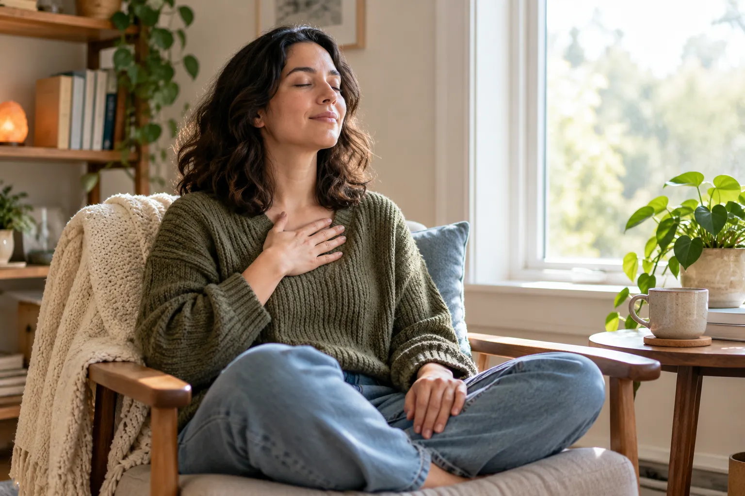 Adult taking a calm pause while noticing physical tension without judging it