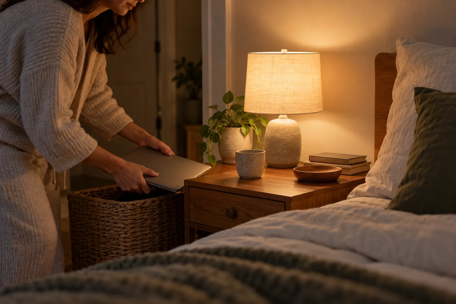A simple bedroom arranged for quieter sleep with minimal evening distractions
