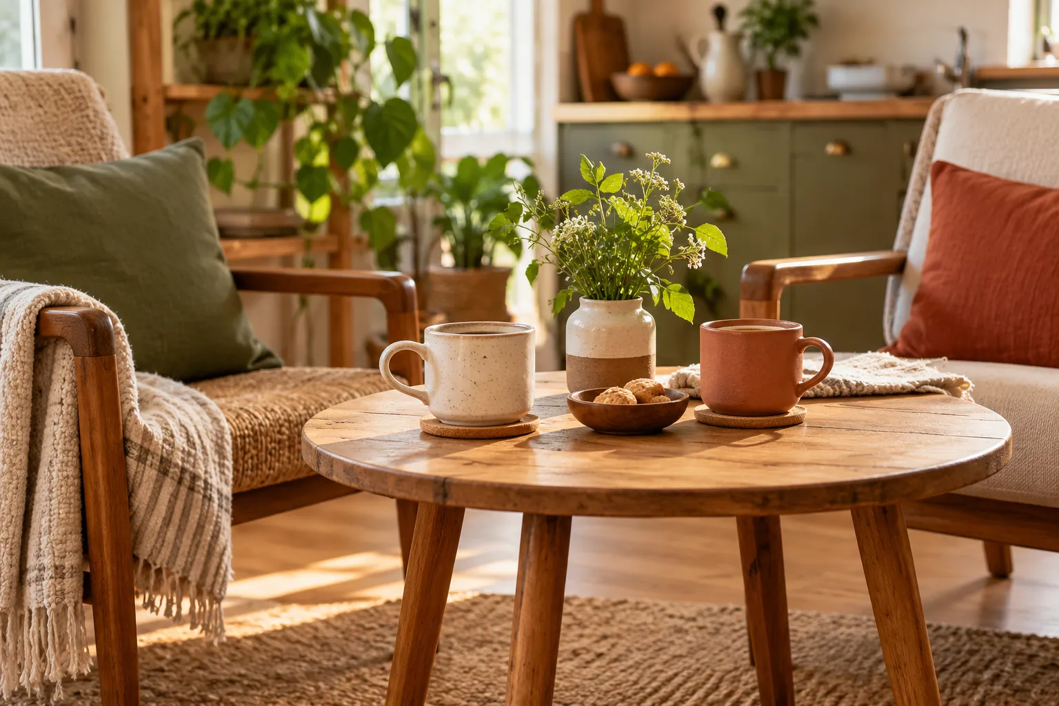 Two cups on a small table prepared for a short, low-pressure conversation