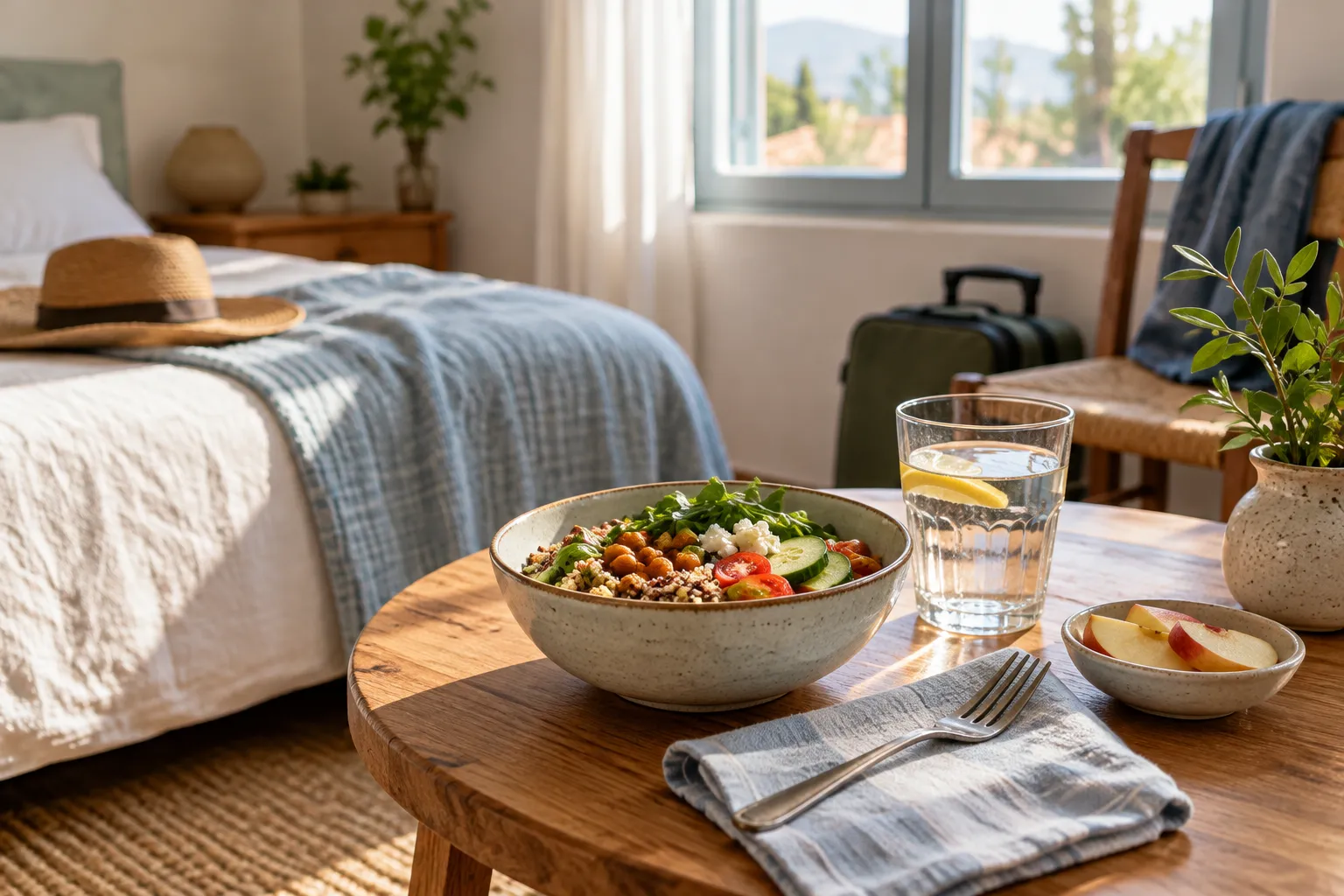 A quiet pause with water and a simple meal in an unfamiliar but comfortable room