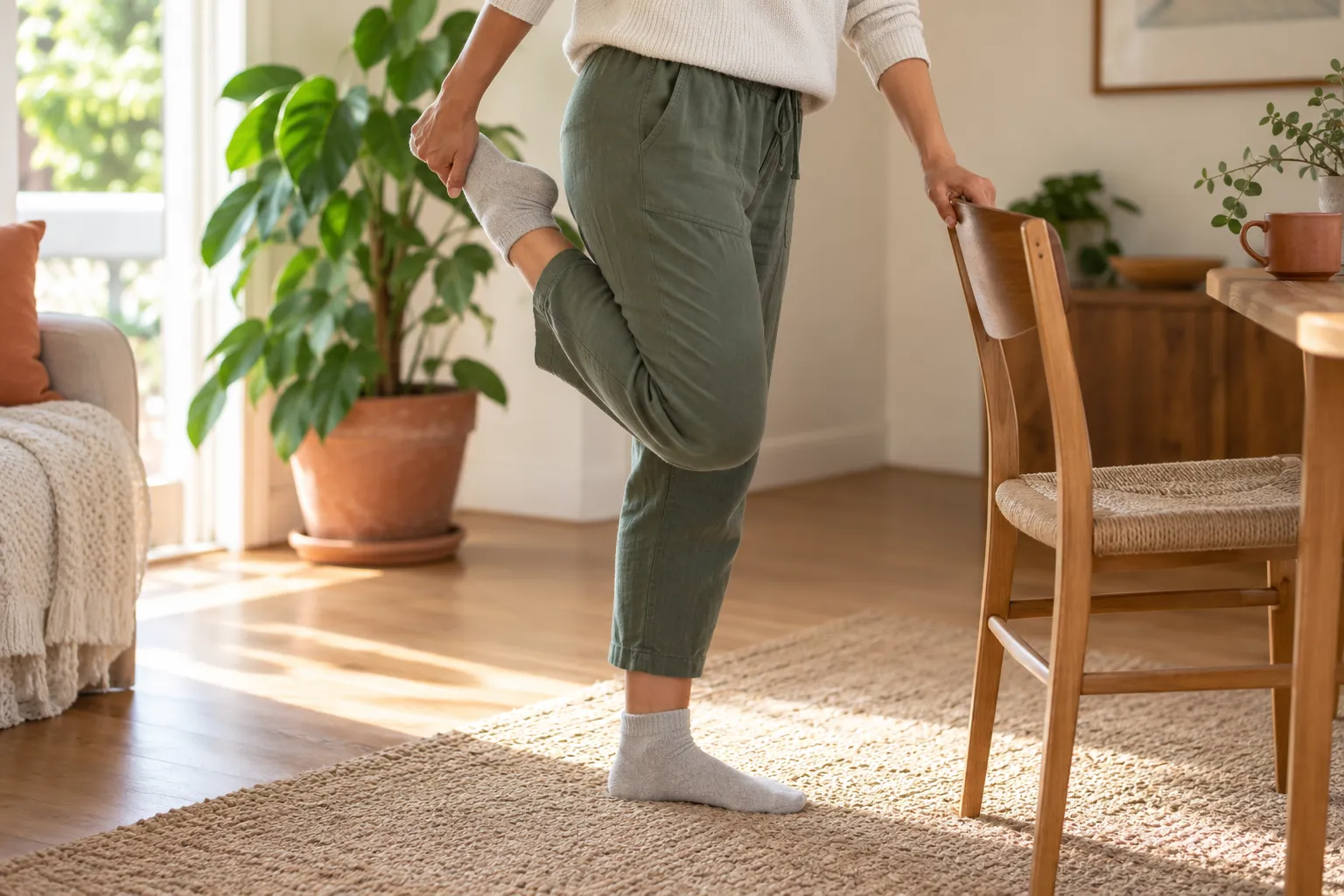A person choosing a small, realistic movement break in a bright home