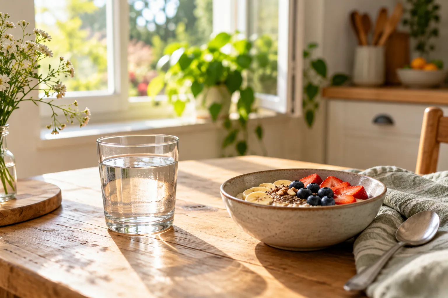 Water and a simple breakfast arranged in soft morning light