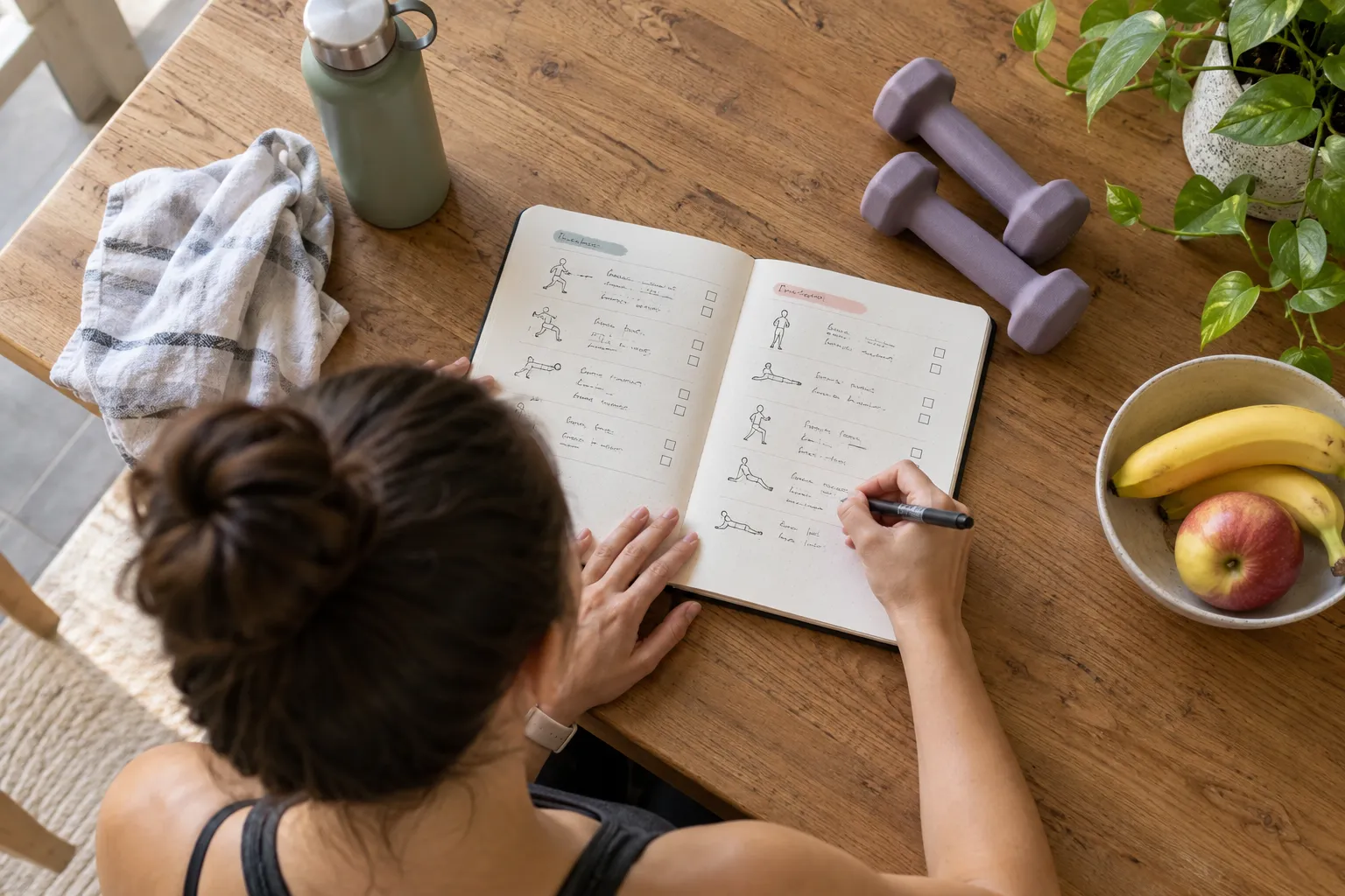 A simple home strength-training setup with a mat, chair and light dumbbells