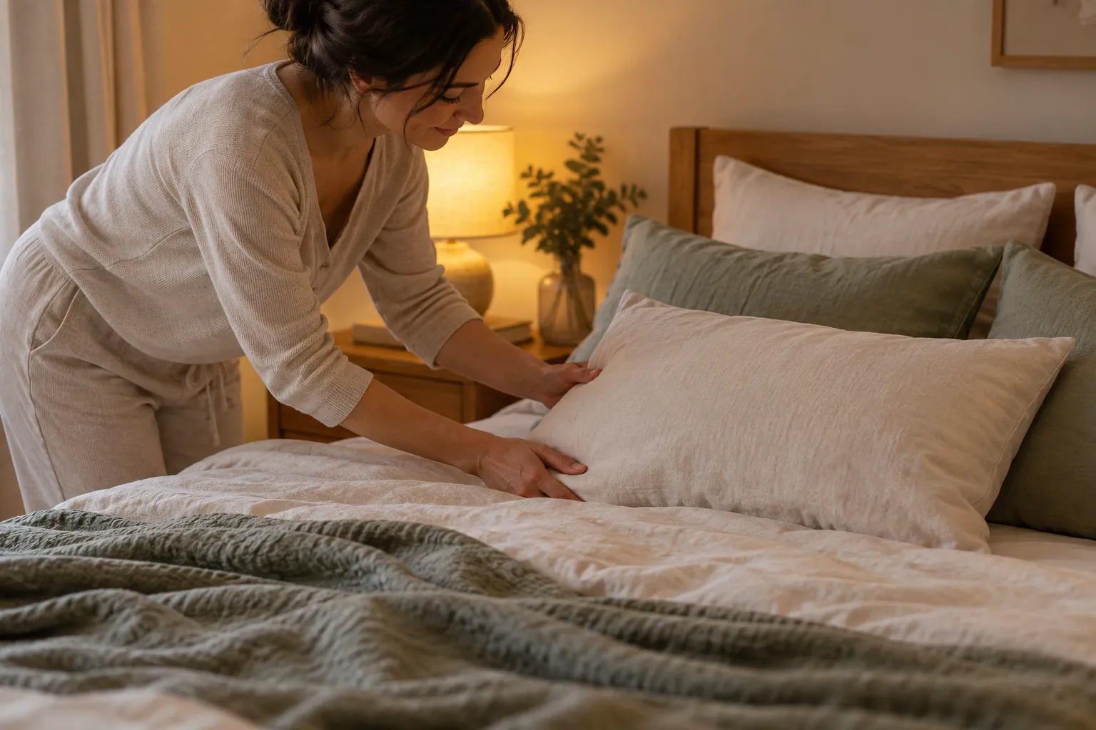 Simple bedding and a clear bedside surface prepared for a comfortable night