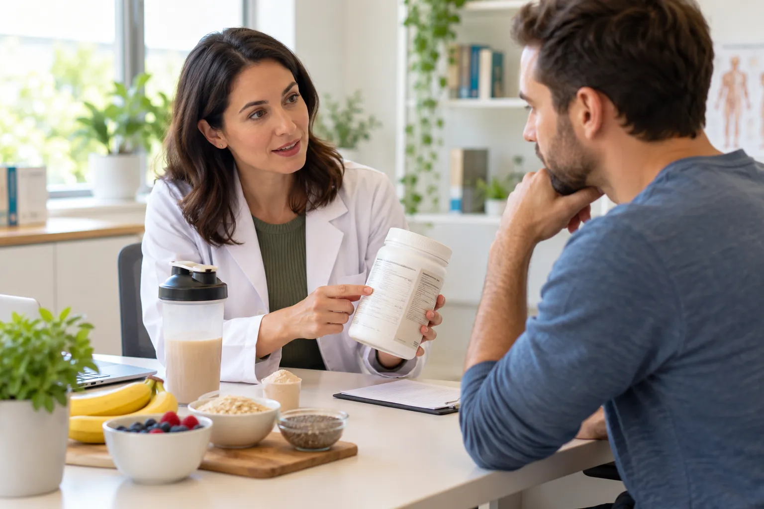 A calm consultation about protein powder, ingredients and personal health context