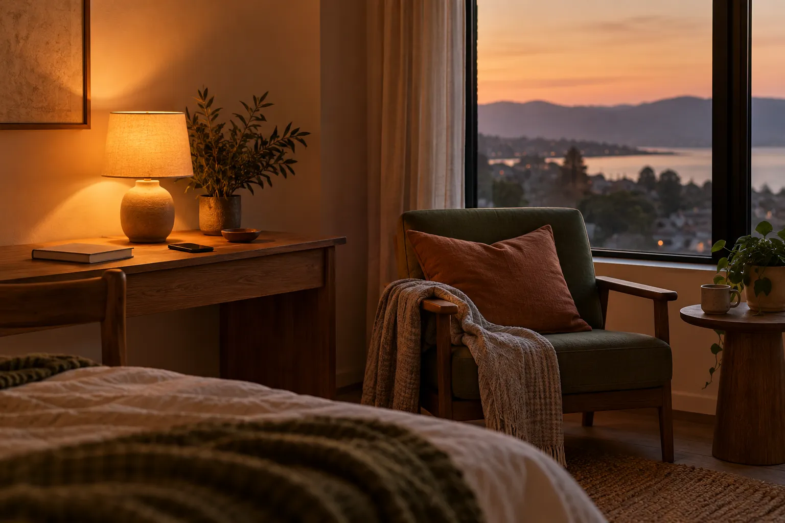 A calm evening reset in a temporary room with soft light and a book
