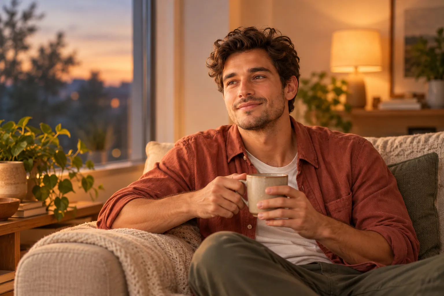 Approved Wellness avatar taking a comfortable pause in the evening with a warm drink and soft light