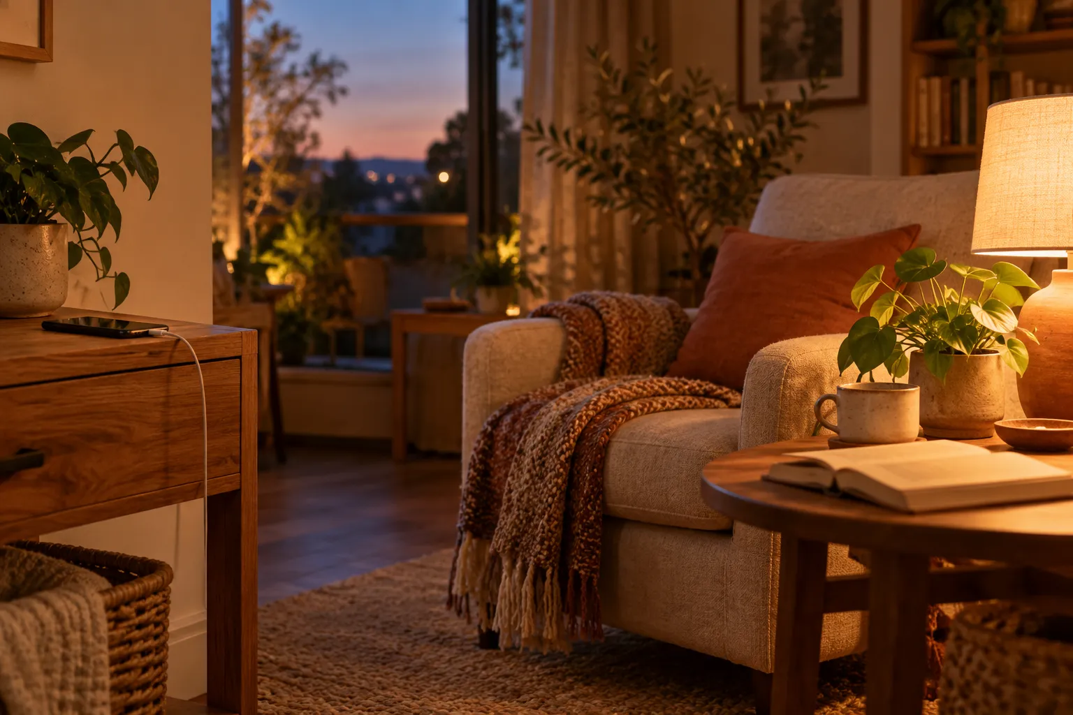 A calm evening transition with a phone charging away from a comfortable chair