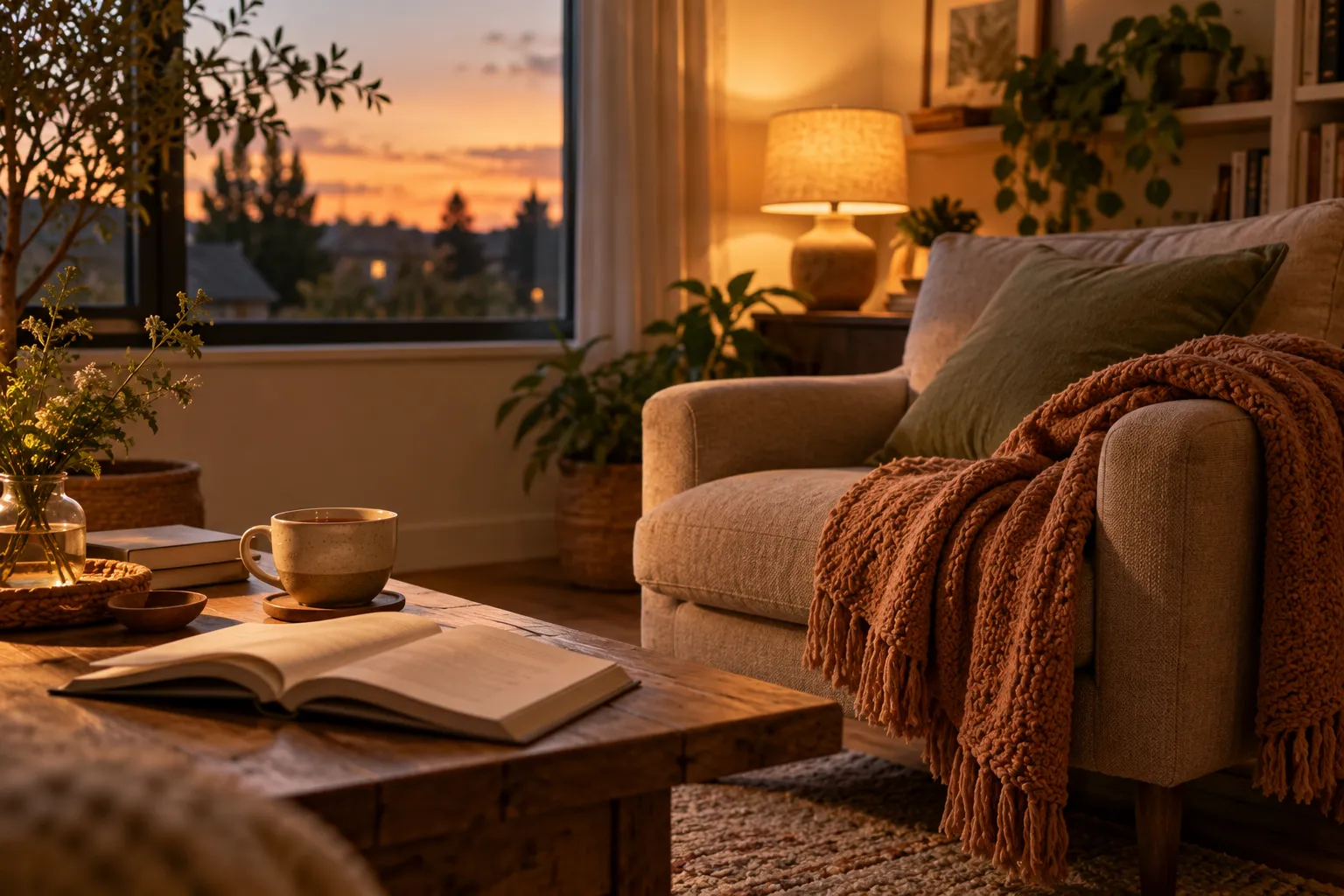 A flexible evening routine with a book, soft light and space to rest
