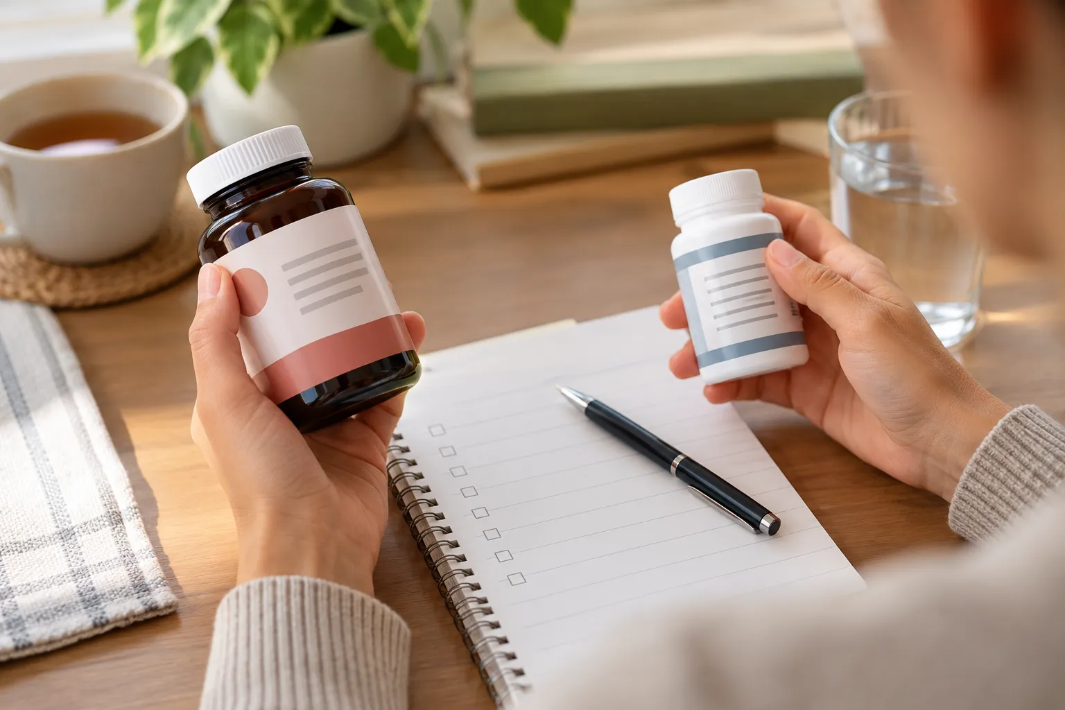 Hands comparing two unbranded supplement labels beside a medication checklist