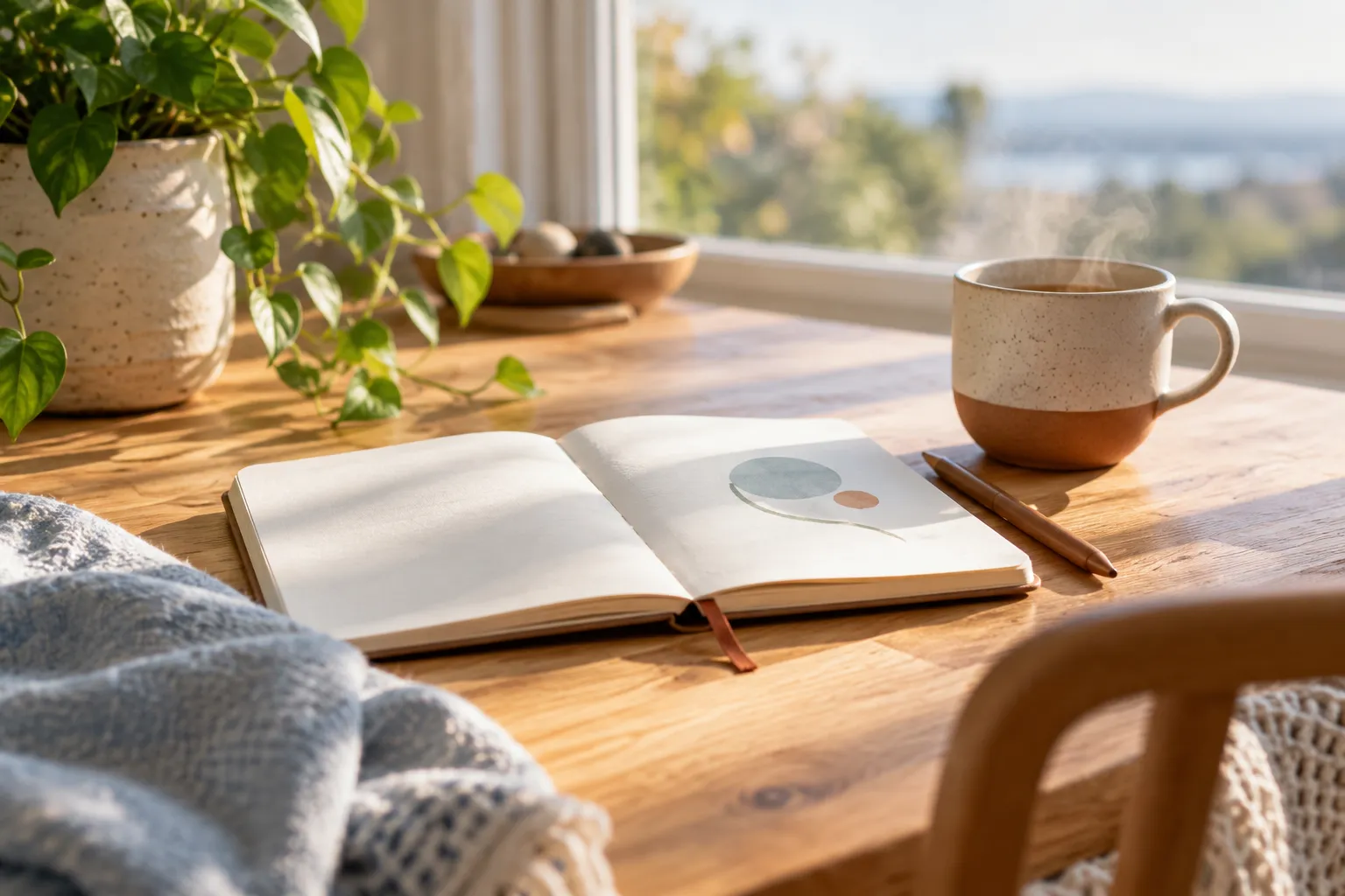 A quiet morning priority written as an unreadable note beside a cup and window light