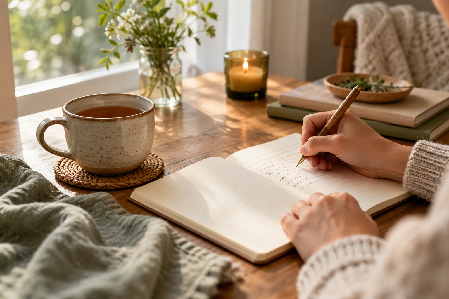 A simple grounding sentence written privately on paper with no readable text