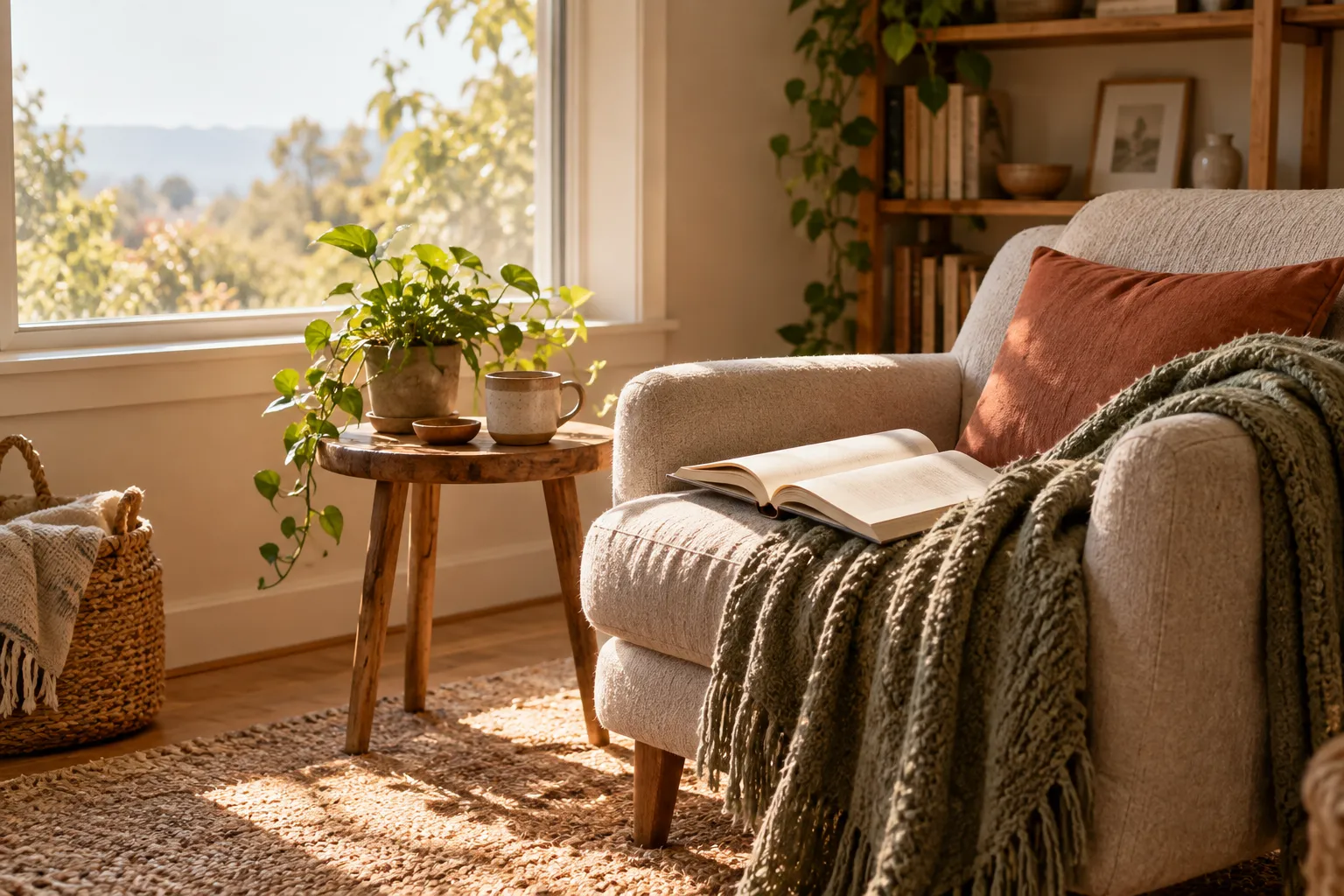 A calm rest corner with a blanket, soft light and a book with no readable text