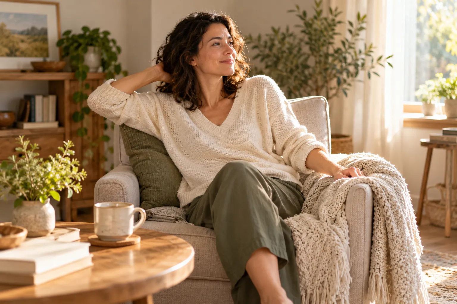 An adult waking gently from an afternoon rest and returning to the day