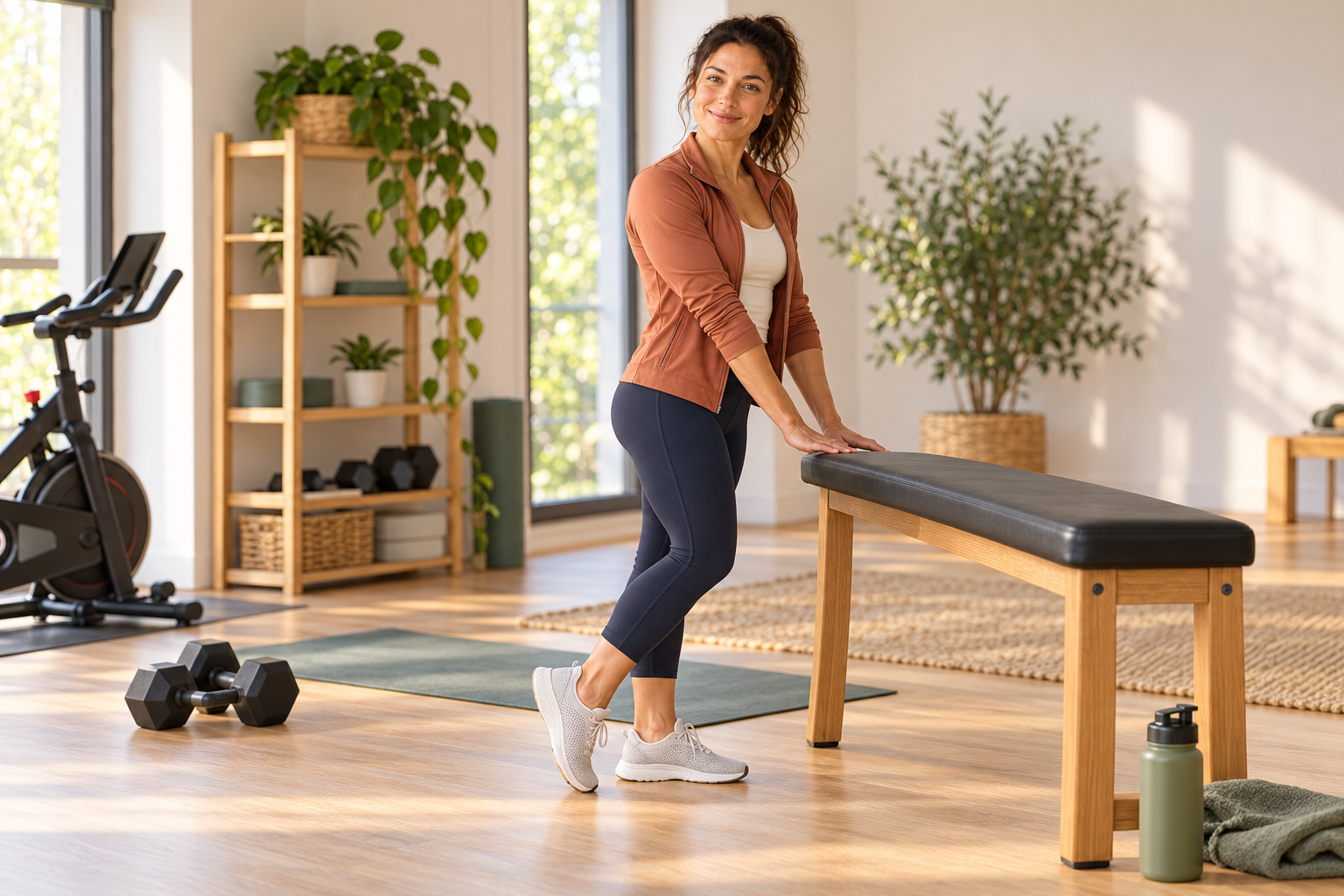 Fitness category avatar practising supported ankle mobility beside a bench, mat, dumbbells and a stationary bike.