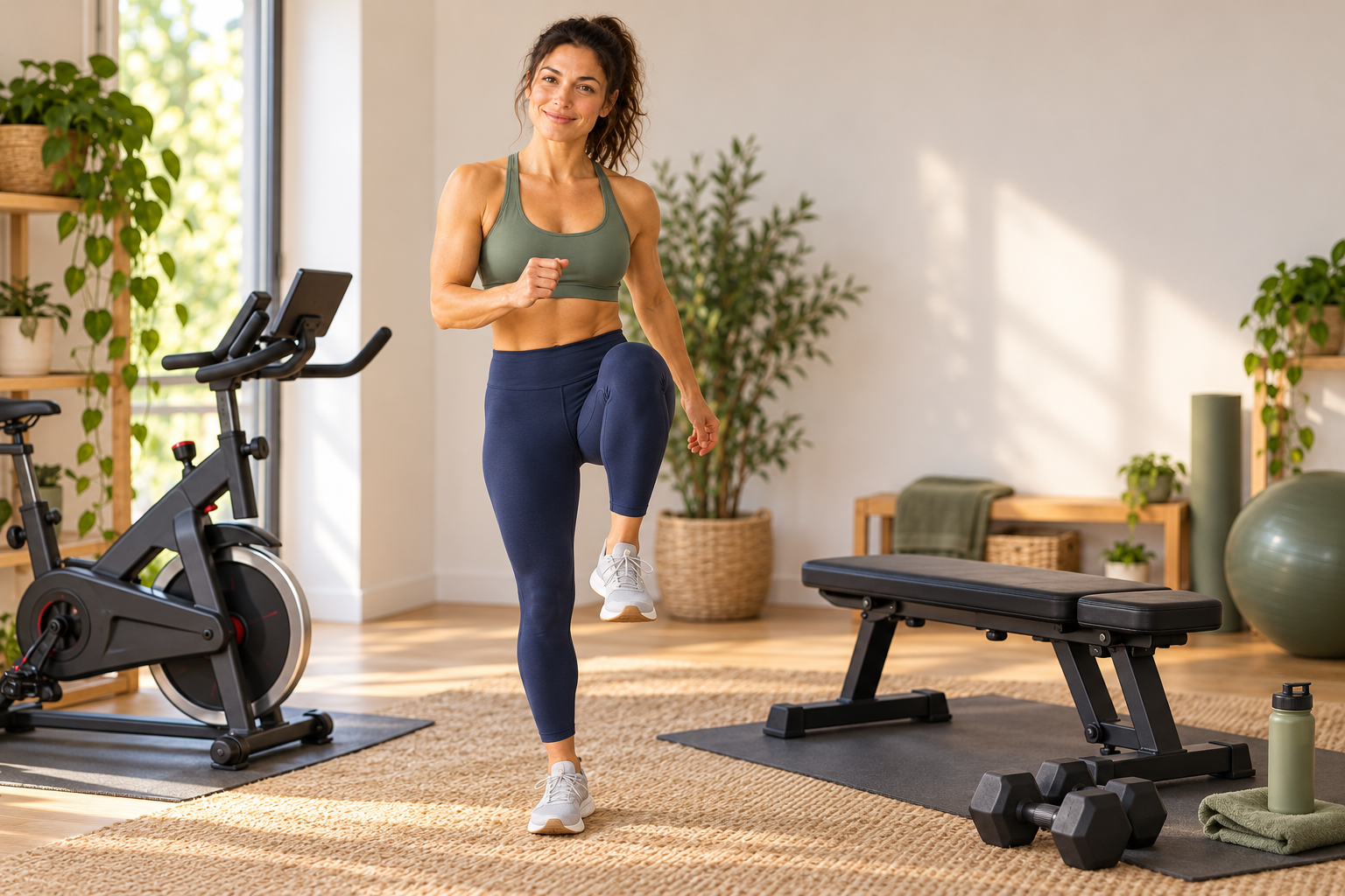 Fitness category avatar taking a controlled movement break beside a stationary bike and dumbbell bench.