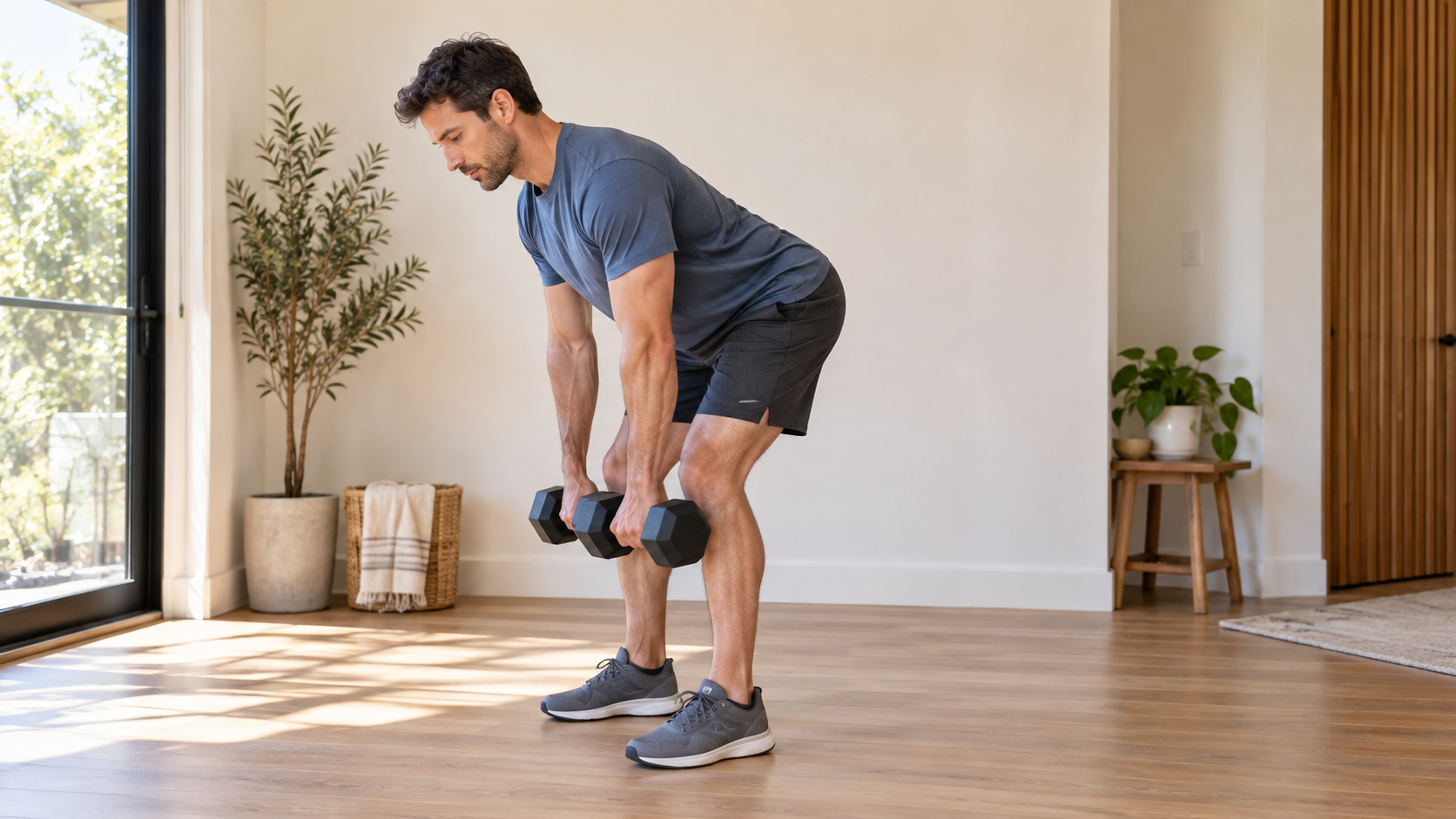 Man doing a dumbbell Romanian deadlift, hinging at the hips with two dumbbells held in front of his knees.