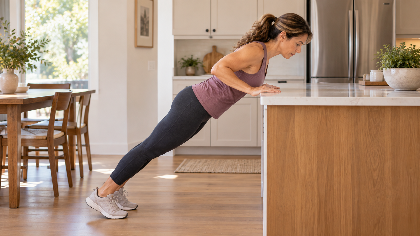 Woman doing an incline push-up with her hands on a kitchen island, body held in a straight line.