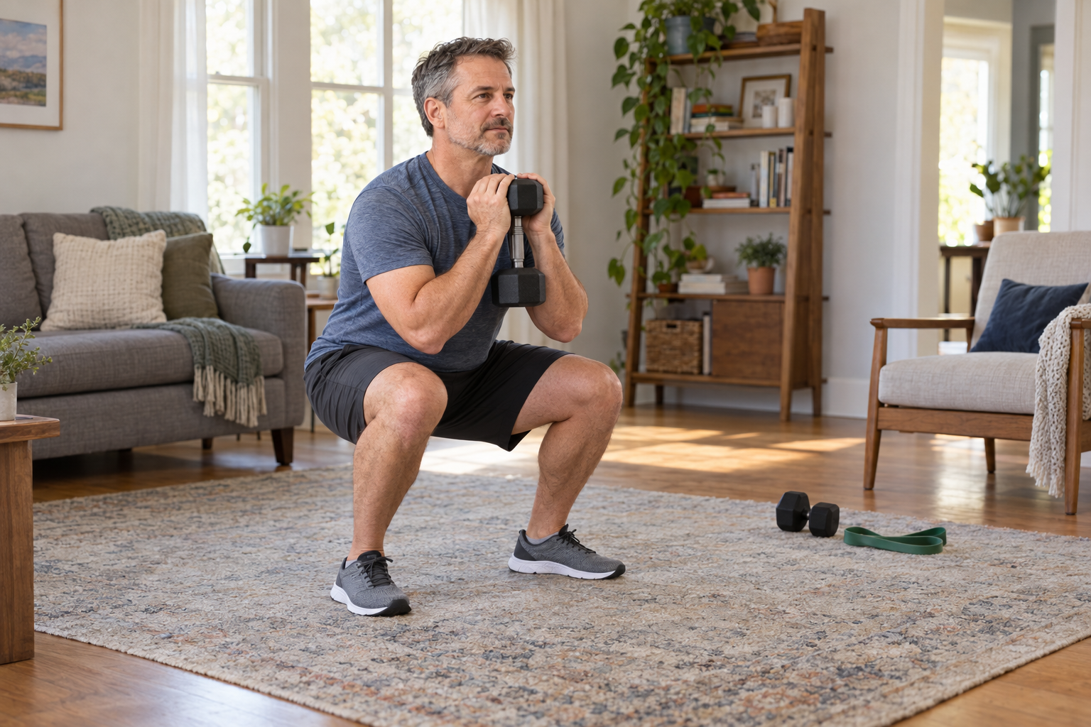 Middle-aged man doing a goblet squat in a bright living room, holding one dumbbell upright against his chest.