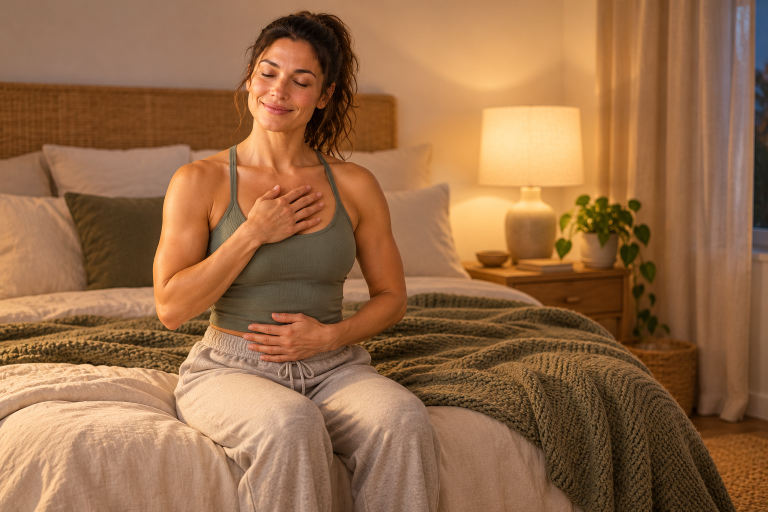 Fitness category avatar doing a calm breathing reset on the edge of a bed in warm evening light.